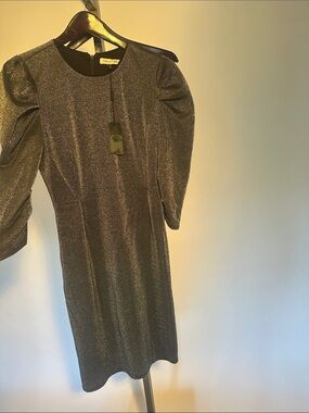 Halston Shimmer Puff-Sleeve Midi Dress in Metallic Black size 10